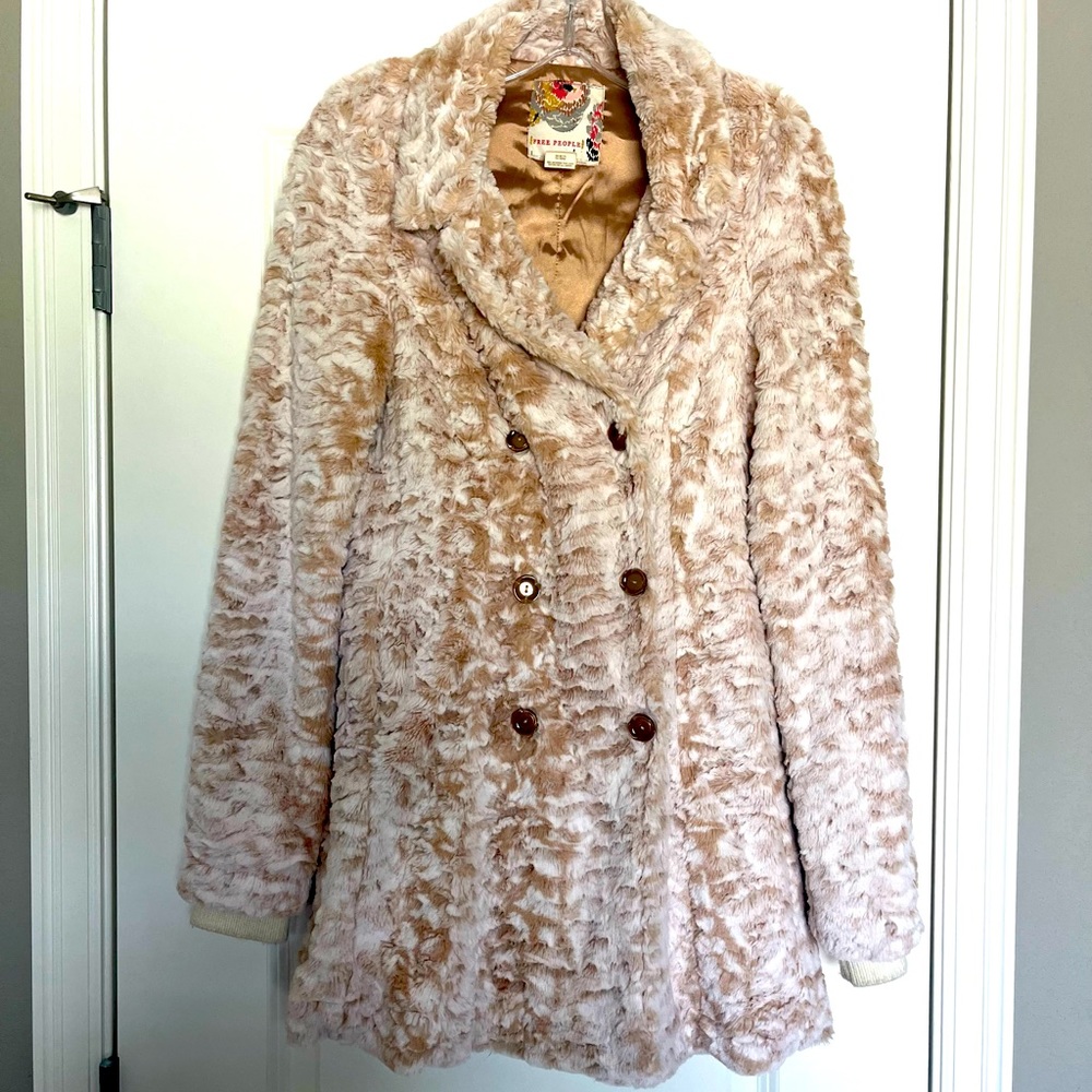 Free People faux fur coat double breasted tan brown fur jacket